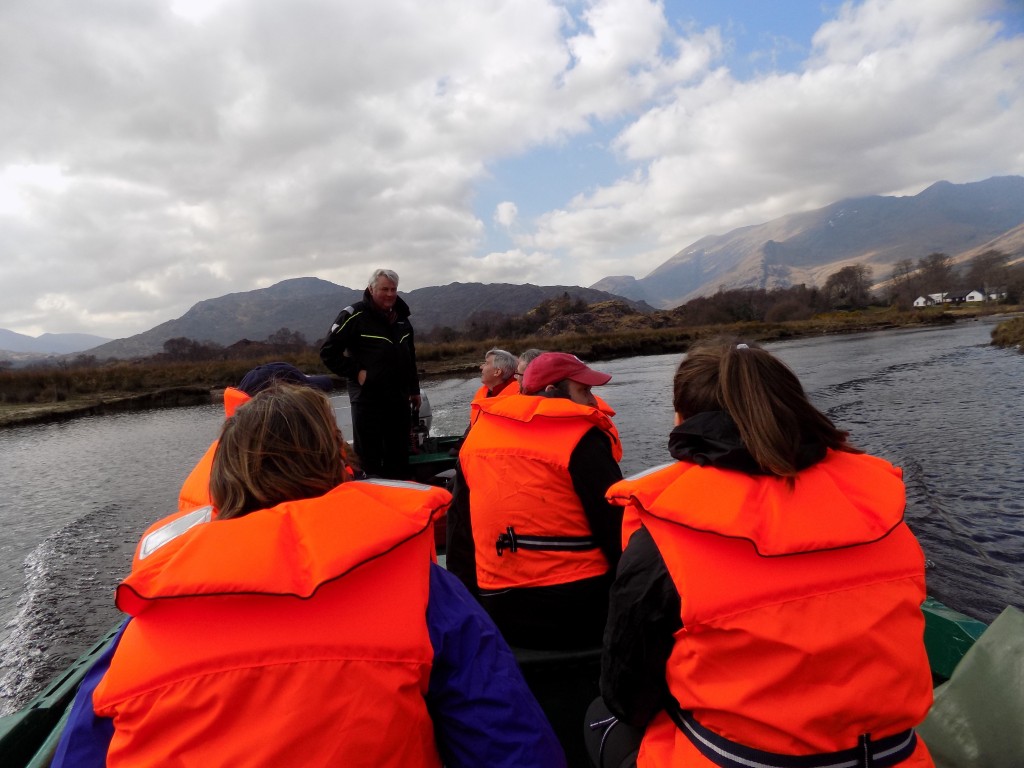 On the boat heading across the lakes and waterways past the Gap of Dunloe. 